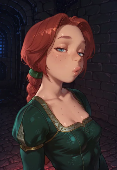 4k, fine detail, high quality eyes, masterpiece, best quality, amazing quality, geh1, 4s0r4,, eigaka, possmach, artist:moriimee, 1 girl, solo girl, open clothes, young, small breasts, Princess Fiona, 1girl, solo, blue eyes, freckles, lips, red hair, long hair, braided ponytail, green hair tie, shrek 2 dress, dark green dress, portrait, looking at viewer, puckered lips, half-closed eyes, dungeon,
