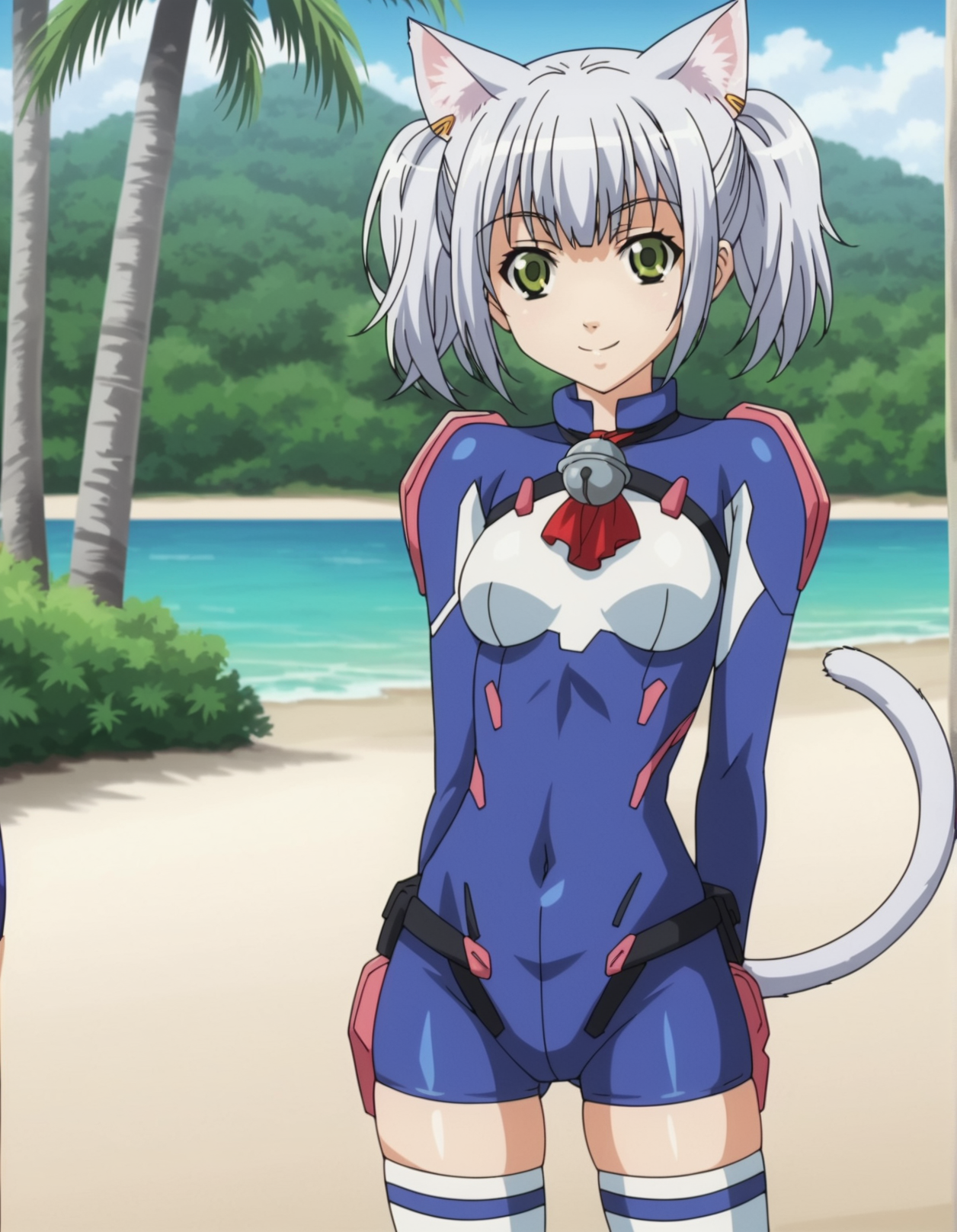 1girl, anime screencap, <lora:VexVexX_Chaika_PONYXL:1>, Chaika, short hair, twintails, bangs, white hair, green eyes, animal ears, cat ears, cat tail, small breasts, deep skin, skindentation, seductive smile, detailed skin, glossy skin, blue bodysuit, bell, white thighhighs, gloves, cowboy shot, from front, standing, hands behind back, legs together, thighs together, knee bent, looking at viewer, outside, beach, ocean, palm trees