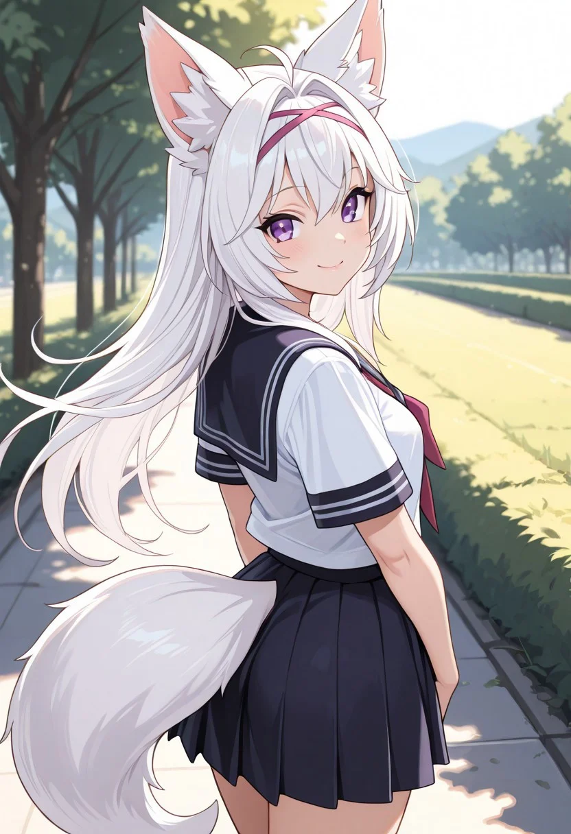 solo, woman, filian, purple eyes, white hair, fox ears, school uniform, tail, smile, hands on the back, outdoor, high quality, best quality, masterpiece, 4k resolution, anime