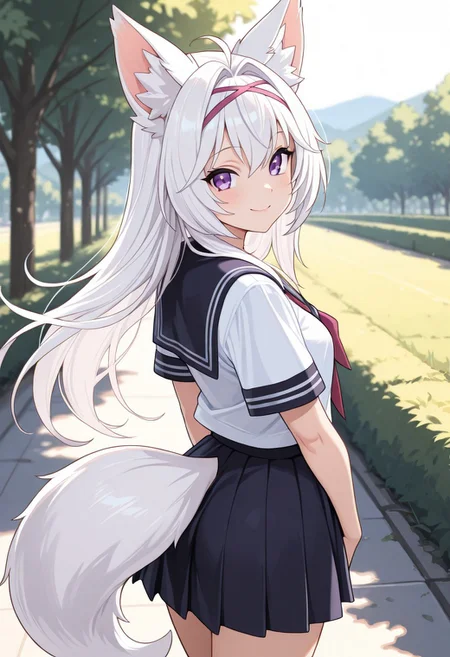 solo, woman, filian, purple eyes, white hair, fox ears, school uniform, tail, smile, hands on the back, outdoor, high quality, best quality, masterpiece, 4k resolution, anime