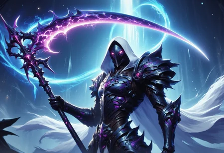 an anime image of a fantasy game knight, wielding a galaxy scythe in an attacking pose, galaxy print on the scythe, wearing black armor, allay in background, digital art, HD, masterpiece, best quality, hyper detailed, ultra detailed
