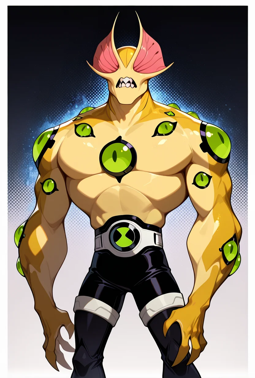 <lora:eyeguy-10:1> eyeguy, yellow skin, solo, standing, antennae, teeth, extra eyes, black pants, claws, monster, belt, upper body, masterpiece, best quality, amazing quality, very aesthetic, absurdres, newest,, upper body, halftone effect, white borders, abstract background:1.2,