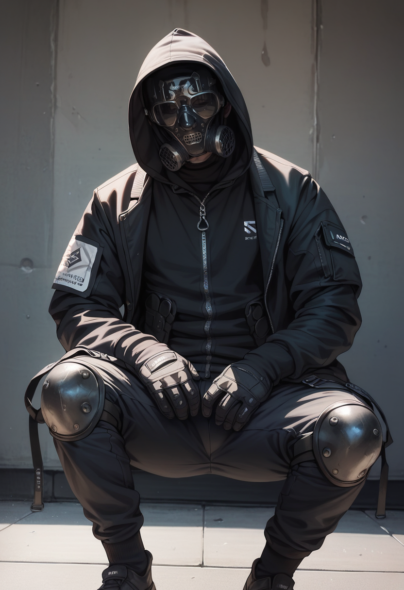 (score_9, score_8_up), score_7_up, zPDXL, dark_techwear, solo, gloves, 1boy, sitting, jacket, male focus, black gloves, pants, hood, black jacket, mask, squatting, helmet, facing viewer, hood up, zipper, knee pads, gas mask, <lora:dark_techwear-000016:0.9>