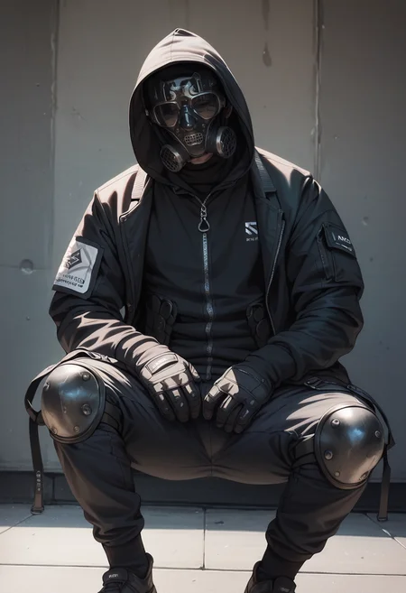 (score_9, score_8_up), score_7_up, zPDXL, dark_techwear, solo, gloves, 1boy, sitting, jacket, male focus, black gloves, pants, hood, black jacket, mask, squatting, helmet, facing viewer, hood up, zipper, knee pads, gas mask, <lora:dark_techwear-000016:0.9>
