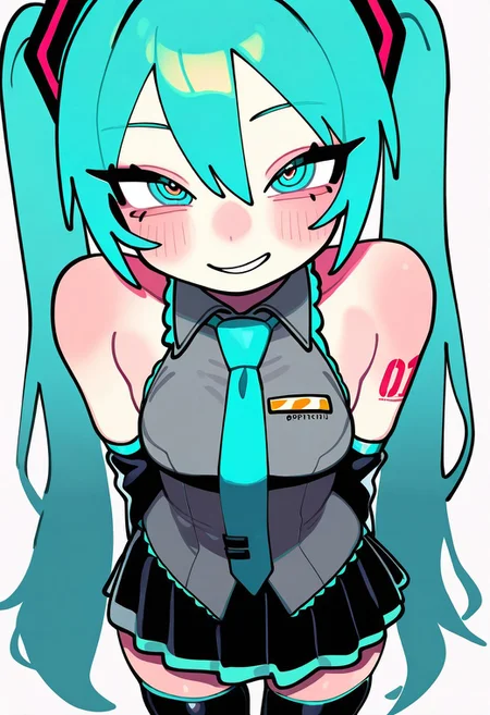 masterpiece, best quality, very aesthetic, high resolution, ultra-detailed, absurdres, newest, extremely detailed eyes, beautiful, perfect lighting, hi res, amazing quality, very awa, Brittle_ST, 1girl, hatsune miku, twintails, looking at viewer, smile, white background, simple background, pleated skirt, black skirt, black thighhighs, zettai ryouiki, sleeveless shirt, bare shoulders, aqua eyes, tattoo, hair between eyes, grey shirt, aqua hair, hair ornament, foreshortening, miniskirt, medium breasts, collared shirt, bangs, parted lips, aqua necktie, blue necktie, tsurime
