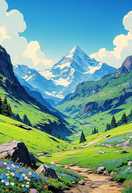 A breathtaking anime-style landscape of a vast mountain valley bathed in soft sunlight. The rolling green hills are covered in lush grass and dotted with vibrant wildflowers in shades of blue, white, and purple. Large scattered rocks sit in the foreground, surrounded by patches of flowers swaying gently in the wind. A dirt pathway winds through the valley, leading into the distance where towering, mist-covered peaks rise dramatically. Wisps of white clouds drift across the slopes, adding depth and a sense of tranquility to the scene. The sky is a brilliant blue with fluffy white clouds stretching across the horizon. The atmosphere feels peaceful and expansive, evoking a sense of adventure and serenity. The painting style is detailed yet painterly, reminiscent of Studio Ghibli landscapes, with rich colors and a dreamy, immersive quality.
,  anime, cyberpunk
