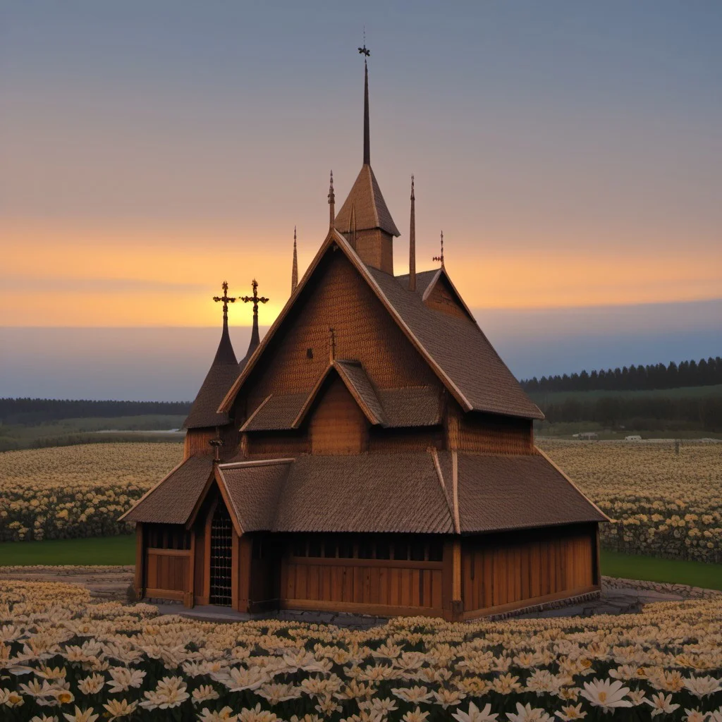 Young female character in front of a Norwegian stave church, wearing norwegian bunad, woman, bunad, stave church, stave church in background, crown, outdoors, evening, sunset, flowers, very long hair, orange hair, Norwegian bunad, norwegian stave church, beautiful face, freckles, brown eyes