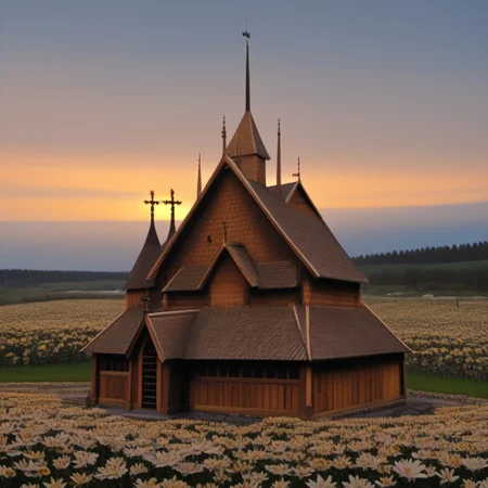 Young female character in front of a Norwegian stave church, wearing norwegian bunad, woman, bunad, stave church, stave church in background, crown, outdoors, evening, sunset, flowers, very long hair, orange hair, Norwegian bunad, norwegian stave church, beautiful face, freckles, brown eyes