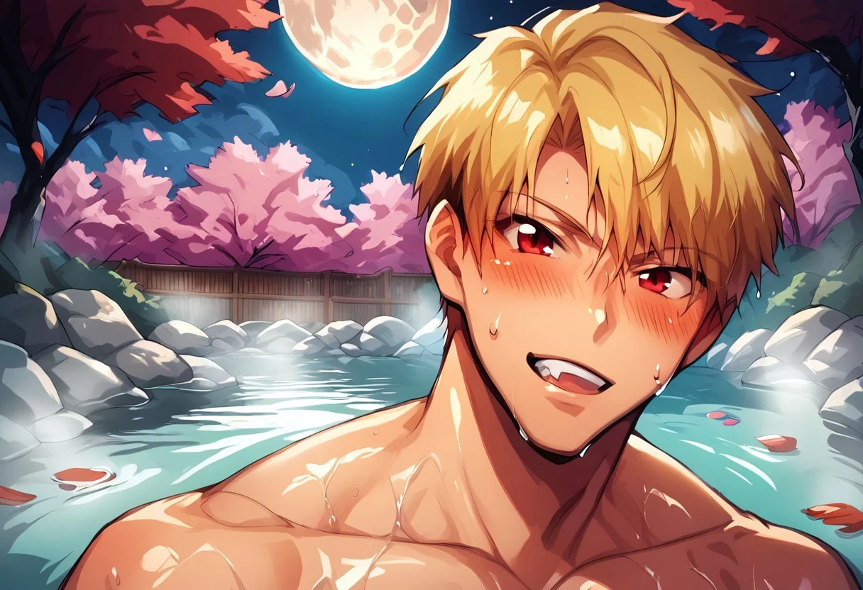 score_9, score_8_up, score_7_up, score_6_up, masterpiece, best quality, amazing quality, best aesthetic, absurdres, intricate details, source_anime, yaoi, gay, close-up BREAK blonde hair, red eyes, pixie cut, blush, looking at viewer, sweat, wet, pose, puffy nipples, huge pectorals BREAK onsen, cherry blossom, moon, s2lk3n, full moon