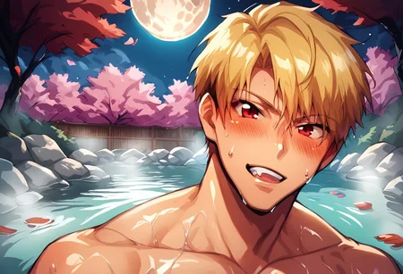 score_9, score_8_up, score_7_up, score_6_up, masterpiece, best quality, amazing quality, best aesthetic, absurdres, intricate details, source_anime, yaoi, gay, close-up BREAK blonde hair, red eyes, pixie cut, blush, looking at viewer, sweat, wet, pose, puffy nipples, huge pectorals BREAK onsen, cherry blossom, moon, s2lk3n, full moon