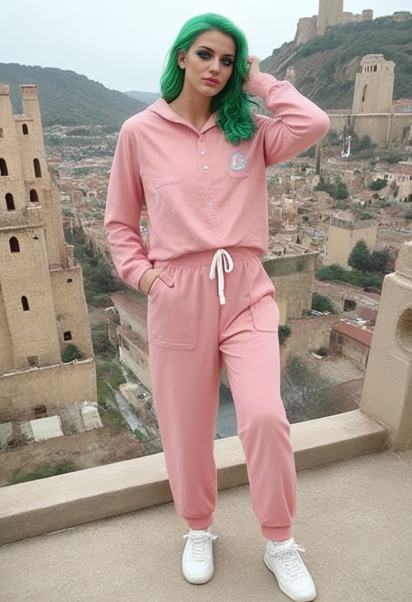 Stable_Yogis_PDXL_Positives 
<lora:train_Sweat_Suit_by_Stable_yogi_bsy_PONY:0.8>
 wearing a 99sweatsuit99 in Navy color,   pockets, long sleeves, full body,  shoes,
beautiful face, Bright pink lips makeup style, Top knot hairstyle, Neon green hair_color, ancient castle perched high on a cliff