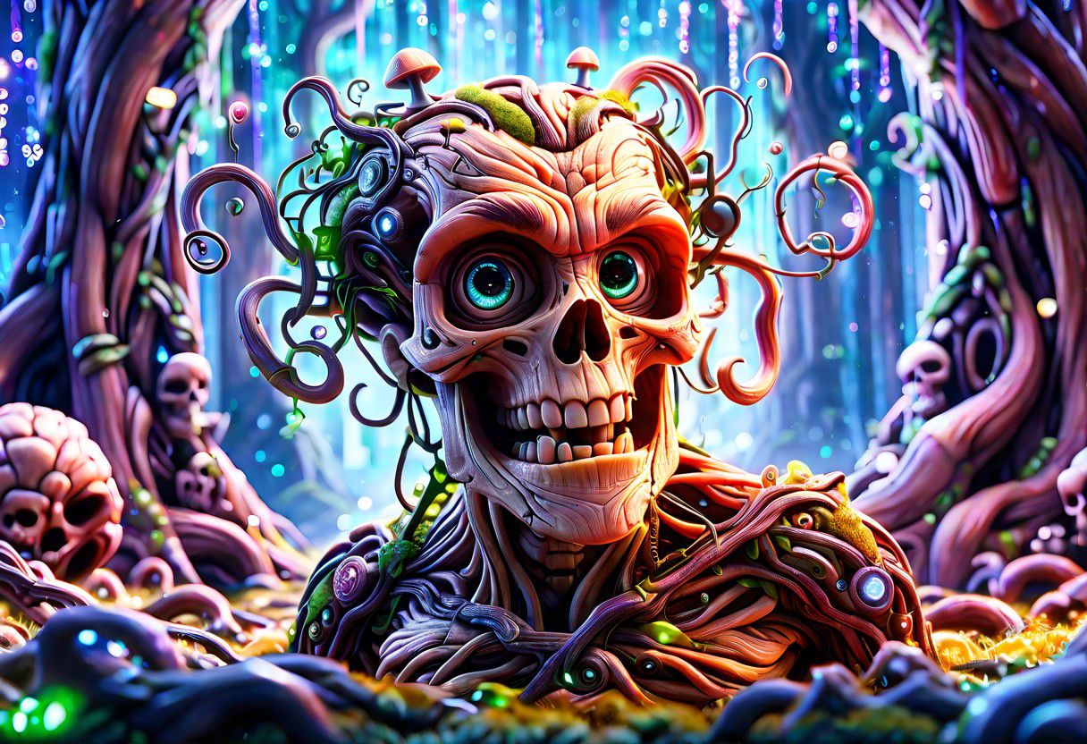 Lovely 3d old man with a smilecybernetic style Ultimate fusion of technology and allure, Cosmic Cyber Warrior. Embodying the creative genius of Jovana Rikalo, Brandon Woelfel, and Ross Tran, spectacular cosmic landscapes fraught with otherworldly conflict. Shimmering cables course beneath her translucent epidermis, connecting to powerful vertebrae that support a resplendent skull adorned with cascading neon undercut locks. Mysterious constellations twinkle ominously overhead, casting eerie shadows on the ground below. This masterpiece encapsulates the quintessential essence of science fiction, presenting a highly detailed exploration of extraterrestrial themes guaranteed to captivate audiences worldwide. . futuristic, technological, cybernetic enhancements, robotics, artificial intelligence themes,  8k picsmade of ral-mythfrst <lora:ral-mytfrst:1>
