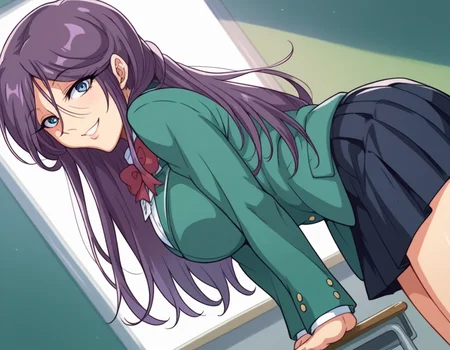 score_9, score_8_up, score_7_up, source_anime,
reikashichijou, <lora:reika-shichijou-ova-ponyxl-lora-nochekaiser:1>,
reika shichijou, long hair, blue eyes, large breasts, purple hair,
school uniform, blazer, green blazer, long sleeves, skirt, black skirt, pleated skirt, bowtie, red bowtie,
indoors, classroom, bent over, smile,
looking at viewer, cowboy shot, solo, dutch angle,