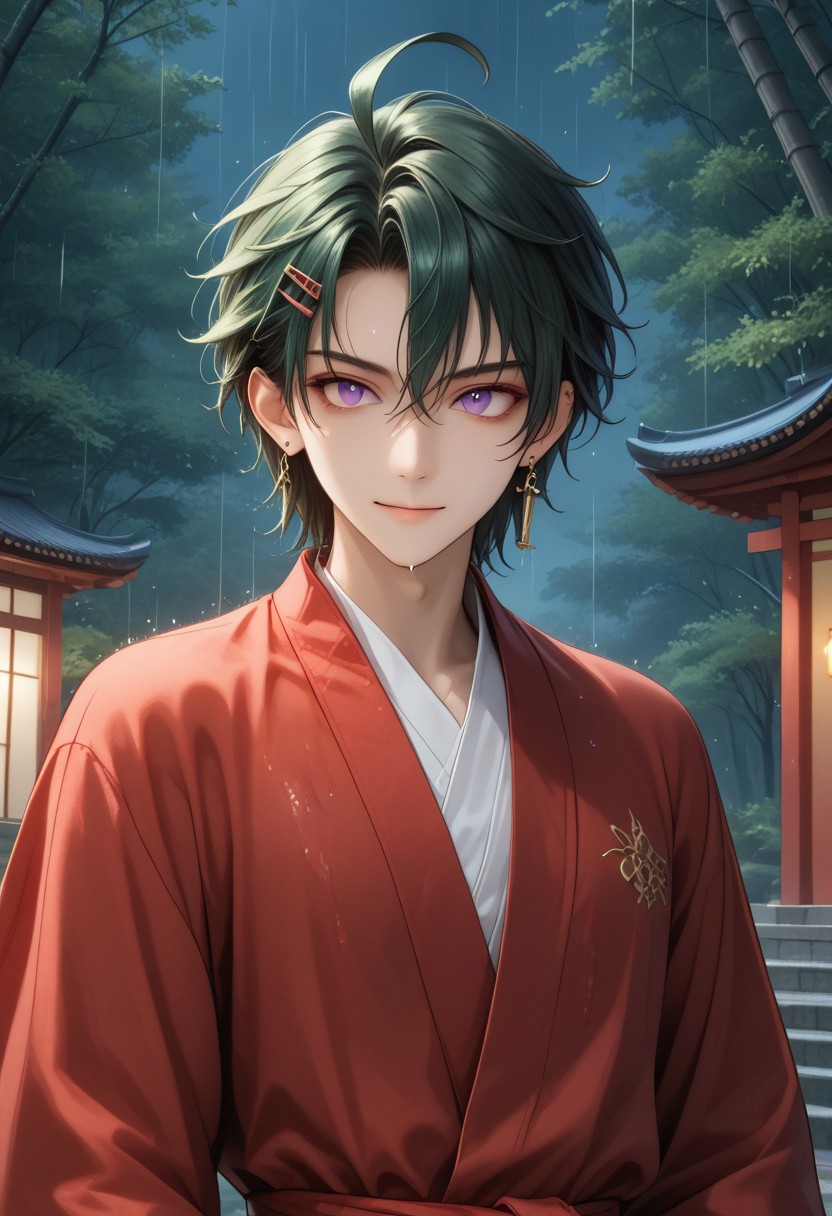 (Masterpiece:1.4), (best quality:1.2), (perfect anatomy), (extreme eye detail) (perfect eyes), (perfect hands), (perfect face),1boy, solo, antherima, solo,((slit_pupils)),dark green hair, hair between eyes, asymmetrical hair parting on left, hair clip on left side, ahoge, medium length bangs, anime reference, purple Eyes,  light_red_eyeshadow, ((1_earstud_left_side)), beaded bracelet, backlit character, looking at viewer, smiling, closed mouth, thin waist, wet, black and red clothing, wet clothing, BREAK,
shrine, japanese shrine, bamboo trees, night, nighttime,raining, heavy rain, low light, dark, paved path, moss, extreme detail, detailed scenery, detailed background,