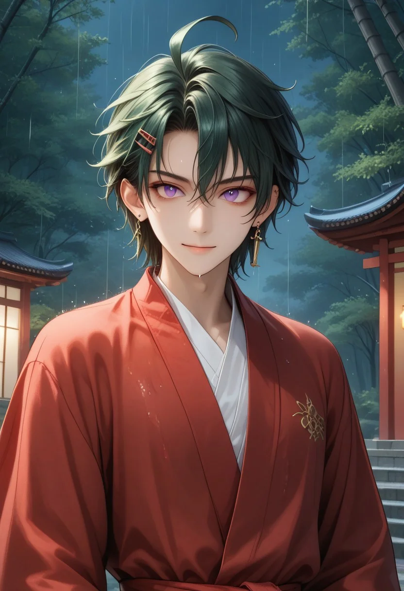 (Masterpiece:1.4), (best quality:1.2), (perfect anatomy), (extreme eye detail) (perfect eyes), (perfect hands), (perfect face),1boy, solo, antherima, solo,((slit_pupils)),dark green hair, hair between eyes, asymmetrical hair parting on left, hair clip on left side, ahoge, medium length bangs, anime reference, purple Eyes, light_red_eyeshadow, ((1_earstud_left_side)), beaded bracelet, backlit character, looking at viewer, smiling, closed mouth, thin waist, wet, black and red clothing, wet clothing, BREAK,
shrine, japanese shrine, bamboo trees, night, nighttime,raining, heavy rain, low light, dark, paved path, moss, extreme detail, detailed scenery, detailed background,