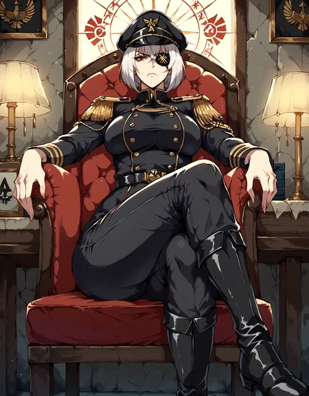 score_9, score_8_up, score_7_up, score_6_up, source_anime, masterpiece, detailed, refined, 1girl, (mature female), warhammer 40000, detailed background, bunker, lamp, table, crates, black military uniform, black militarty cap, (epaulettes), (pants), knee boots, serious expression, white hair, bob cut, red eyes, eyepatch, sittinbg on chair, legs crossed