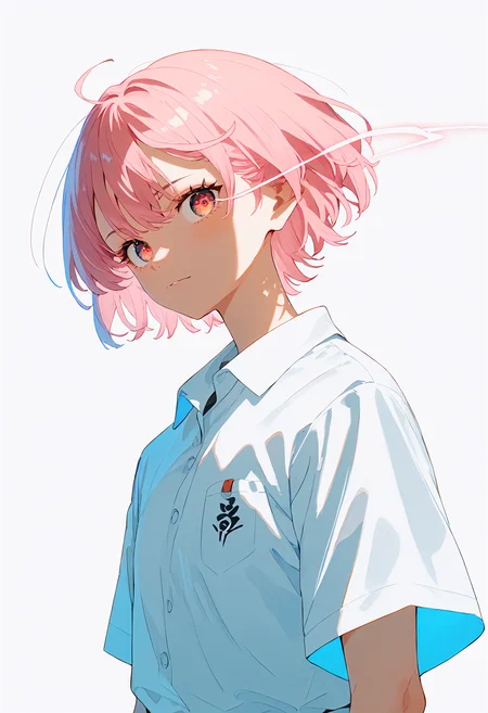 score_9,score_8_up,score_7_up,source_anime,pink hair,polo_shirt,looking at viewer,simple background,
<lora:stylish&chic_pony_bx-v1.02:1>,<lora:glowing eye trail_pony_bx-v1.10:1>,glowing eye trail,