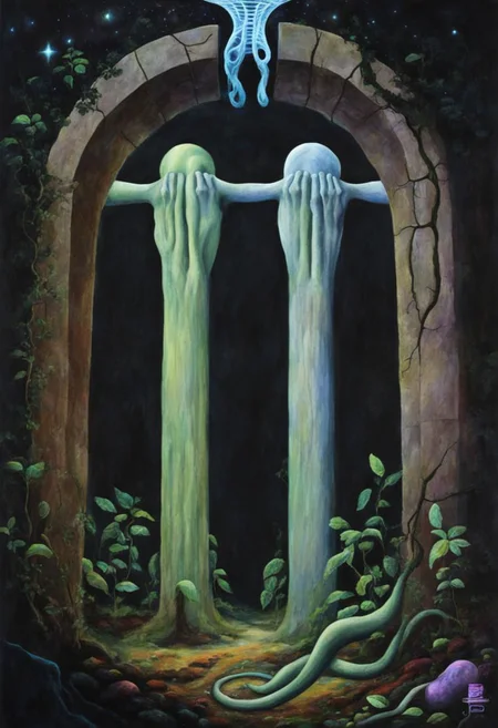 Phallus, vagina, monolith, alchemy, twisting vines, DNA helix, binary code, galaxy, cosmic serpent, glowing archway, veil