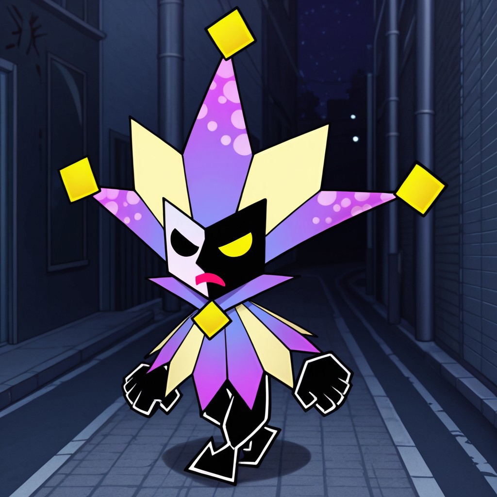 2d, 1boy, solo, Dimentio, male, jester, purple and yellow hat, jester hat, purple and yellow cloak, multicolored hat, multicolored cape, split color face, white face, black face, heterochromia, no pupils, black eye, yellow eye, black pants, black shoes
BREAK fists, angry, furious expression, walking, street, outside, night,cross-popping_vein
BREAK best quality, amazing quality, very aesthetic, absurdres, newest, masterpiece, high quality