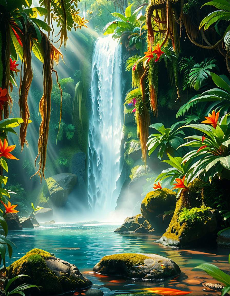 A stunning and tranquil view of a jungle waterfall cascading down smooth, moss-covered rocks into a crystal-clear pool below. The scene is surrounded by dense, lush greenery, with towering tropical trees and vibrant, oversized ferns creating a natural canopy that filters sunlight into dappled patterns on the forest floor. Brightly colored flowers in shades of red, orange, and purple add splashes of color among the greenery, while vines and roots wind their way around the rocks and trees. Mist rises from the base of the waterfall, catching the sunlight and creating a soft, ethereal glow, with a faint rainbow visible in the spray. Exotic birds with iridescent feathers can be seen perched on branches, and the faint sound of distant animal calls adds to the sense of a thriving, untouched paradise. The overall atmosphere is serene, magical, and vibrant, capturing the untamed beauty of nature.<lora:SDXLFaeTastic2400:0.4> <lora:extremely_detailed:0.4> extremely detailed, <lora:Jungle_w4t3rf4ll:1>,Jungle w4t3rf4ll, Masterpiece,best quality,hi res,8k,hi res,8k,award winning,(sharp focus, intricate, highly detailed),