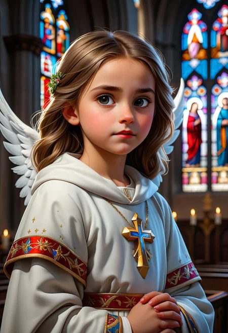 Close-up, high quality, masterpiece, 8k, hdr, rgb, portrait, raw photo, (masterpiece, best quality, detail),
Description of the picture:
The painting depicts a Catholic cathedral with high arches and painted glass windows. In the foreground is a little girl dressed in traditional church robes. Behind her back are visible angel wings, which create a feeling of protection and heavenly guardianship.
Catholic Cathedral: In the center of the picture is a majestic cathedral with arches, columns and religious architectural details. Light penetrates through the windows, creating a special atmosphere of priesthood and reverence.
Little Girl: The girl is shown wearing traditional church clothing, perhaps a white or pastel colored dress. Her face can express peace and innocence, as well as awe at the majesty of the cathedral and religious symbols.
Angel Wings: Angel wings are visible behind the girl s back, creating an image of heavenly protection and connection with the spiritual world. They can be depicted in light shades, symbolizing light and goodness.
This picture can convey an image of innocence, faith and priesthood, as well as symbolize the protection and support of higher powers.
Greg Rutkowski, Craig Davison, Jenny Saville, Bernie Wrightson, Frank Frazetta,