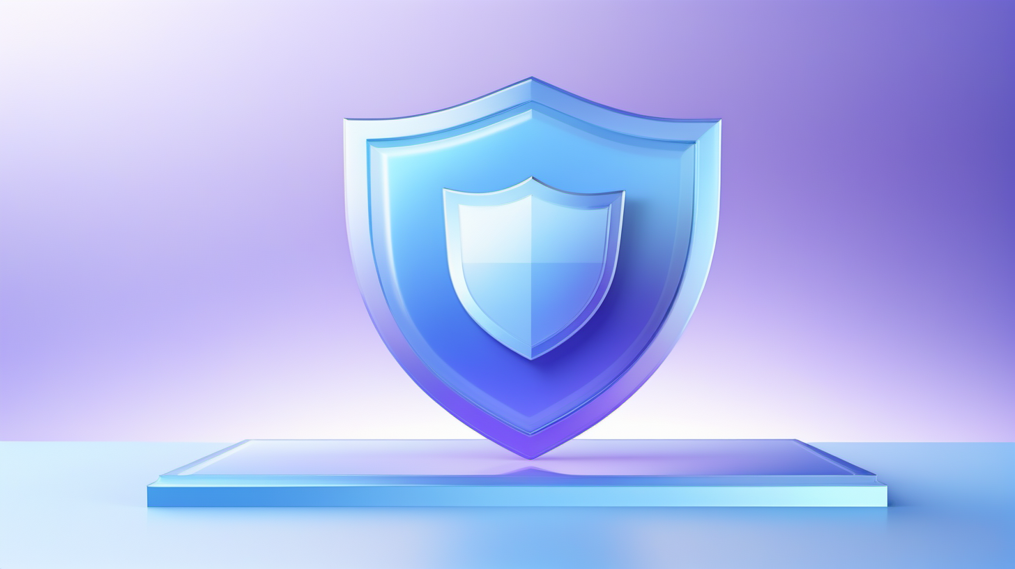 A three-dimensional icon with shield, glass texture, microsoft style, Gradient, light blue and Purple, J_background