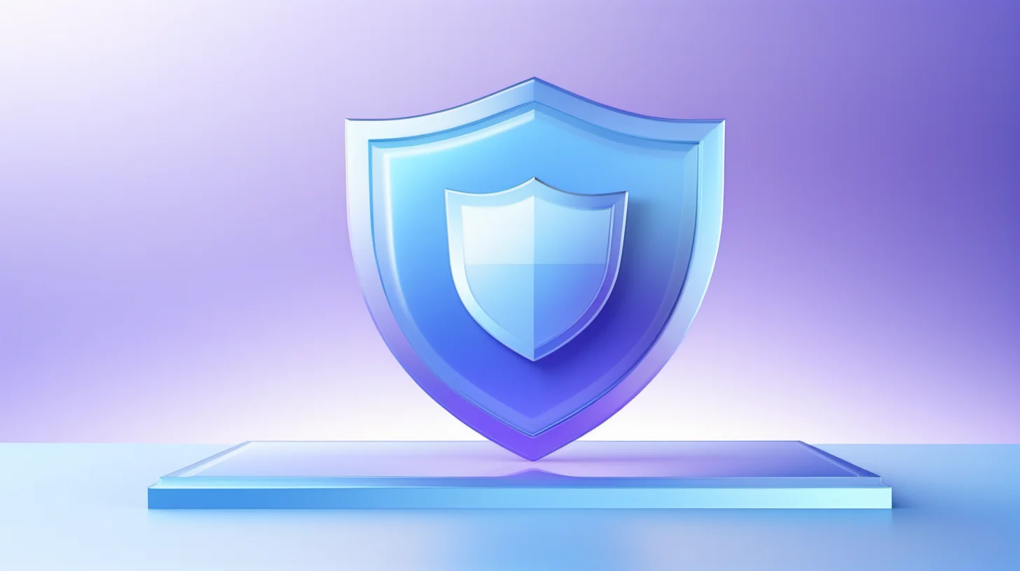 A three-dimensional icon with shield, glass texture, microsoft style, Gradient, light blue and Purple, J_background