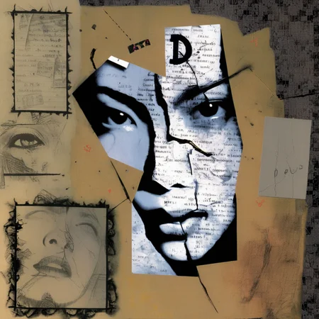 astrstica a face appearing in a cracked wall, collage, letters, dark<lora:astrstica:0.8>