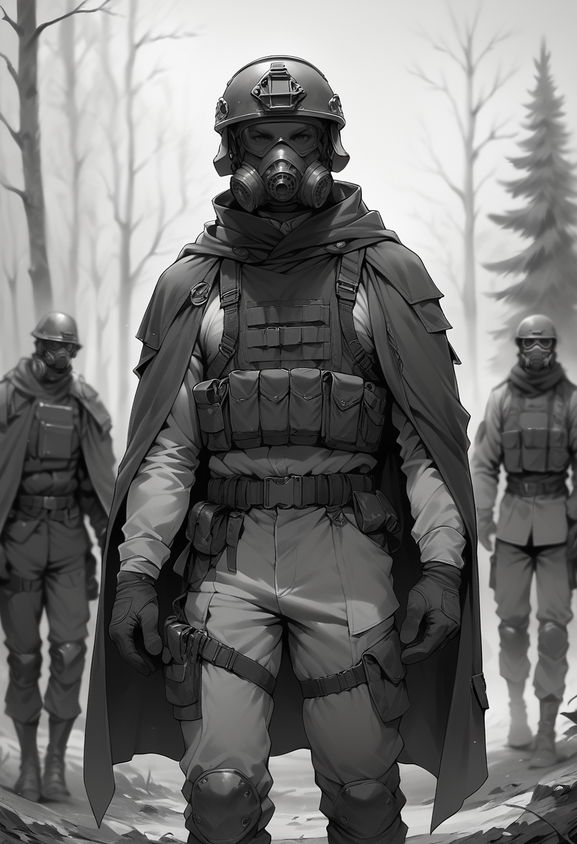 (score_9, score_8_up), score_7_up, gloves, standing, monochrome, weapon, male focus, outdoors, multiple boys, belt, cape, armor, blurry, uniform, tree, gun, military, military uniform, helmet, ambiguous gender, gas mask
<lora:warcore-000011:0.9>