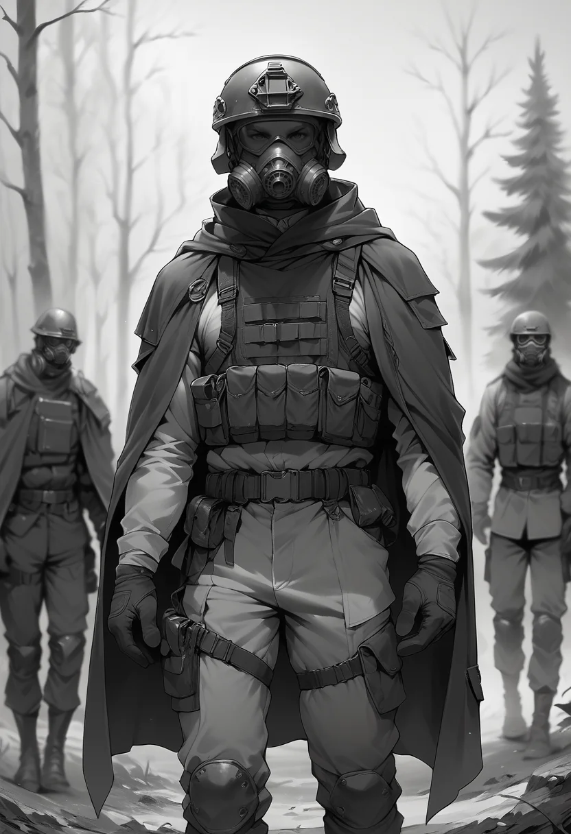 (score_9, score_8_up), score_7_up, gloves, standing, monochrome, weapon, male focus, outdoors, multiple boys, belt, cape, armor, blurry, uniform, tree, gun, military, military uniform, helmet, ambiguous gender, gas mask
<lora:warcore-000011:0.9>