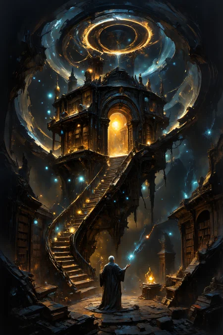 A detailed, conceptual painting captures a mystical library suspended within a swirling, cosmic vortex. Rows of ancient, leather-bound books float gently around a central spiral staircase that leads to a golden portal at the top. Ethereal orbs of light hover beside each book, emitting a soft, bluish glow. At the base of the staircase, an elderly librarian in flowing robes stands with one hand raised, as if commanding the floating books to return to their places. The vortex outside is filled with stars and constellations that seem to dance and change shape, and the warm, golden light emanating from the portal suggests an entrance to another realm entirely.<lora:FLUX-daubrez-DB4RZ-v2:0.6> <lora:artisketchyfs-v02:0.75> <lora:aidmaFLUXpro1.1:0.7> <lora:aidmaHyperRealismV0.2:0.4> <lora:Shattered_Void:0.62> <lora:MysticFantasy:0.4> <lora:Magic of Art (FLUX):0.4> <lora:HORROR_lora.TA_trained:0.8> <lora:lorafy_detail_enhancer:0.7>