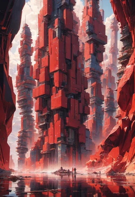 a group of red crystal towers built in vertiginous shapes. In the distance, a woman in a red.