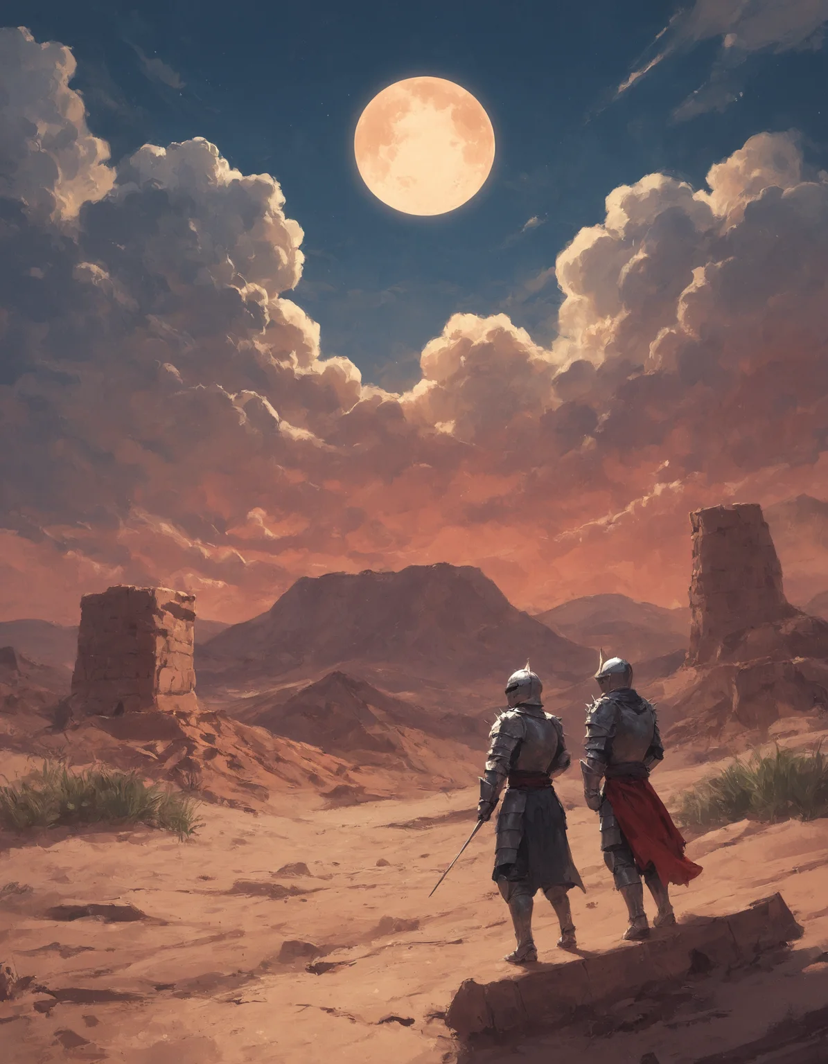 score_9, score_8_up, score_7_up, score_6_up, score_5_up, score_4_up, BREAK sky, cloud, knight, night, moon, cloudy sky, scenery, full moon, spikes, desert, red sky, <lora:sn0w:1>