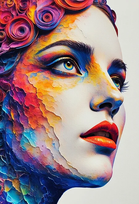 create an ArcaneFGTNR watercolour painting of a woman's face, made up of Layered Paper with cracked peeled paint. bright painted colours. watercolour, close up, HD