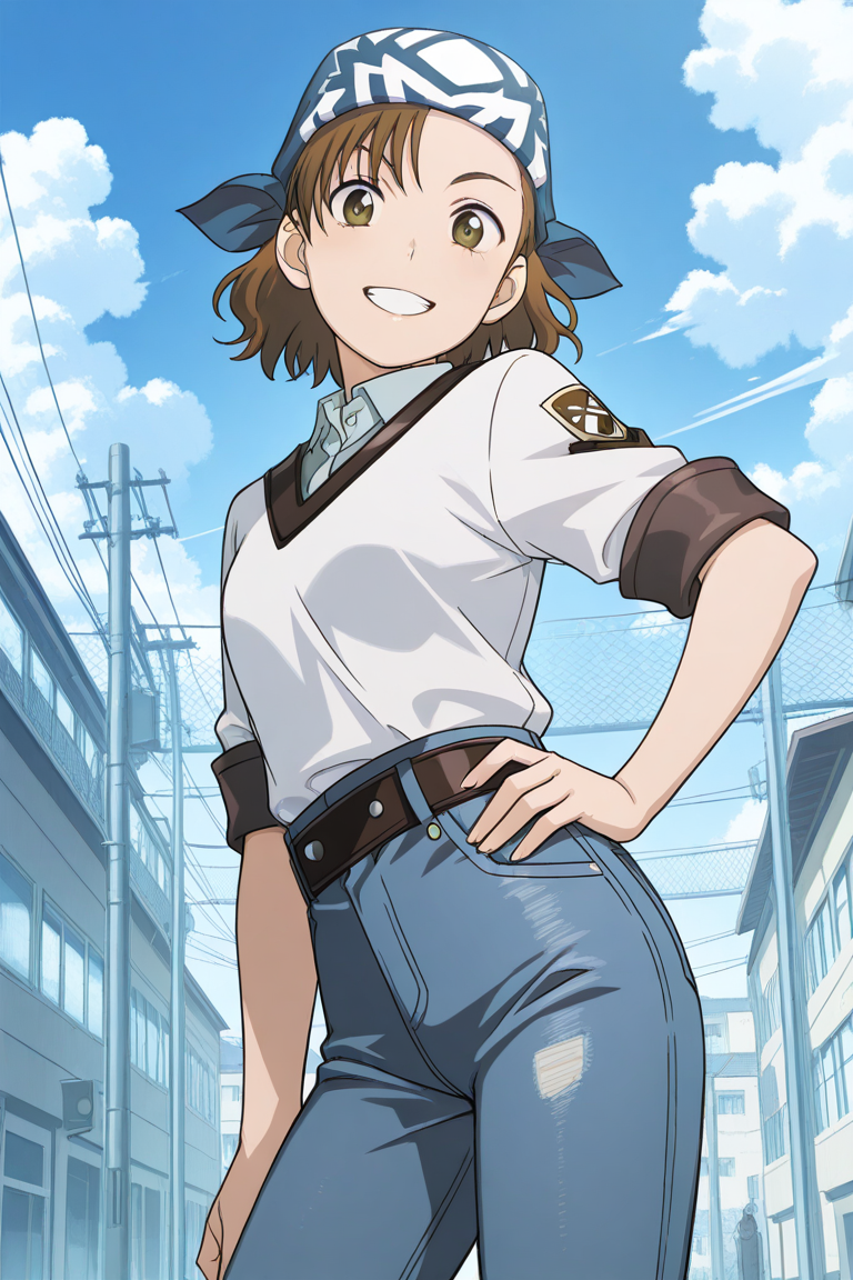 masterpiece, best quality, source_anime,official art,perfect_anatomy,1girl,Seika_Mori,bandana,blue_headwear,brown_eyes,brown_hair,school_uniform,denim_pants,(beautiful detailed face,looking_at_viewer,grin),hand_on_hip,cowboy_shot,day,blue_sky,cloud