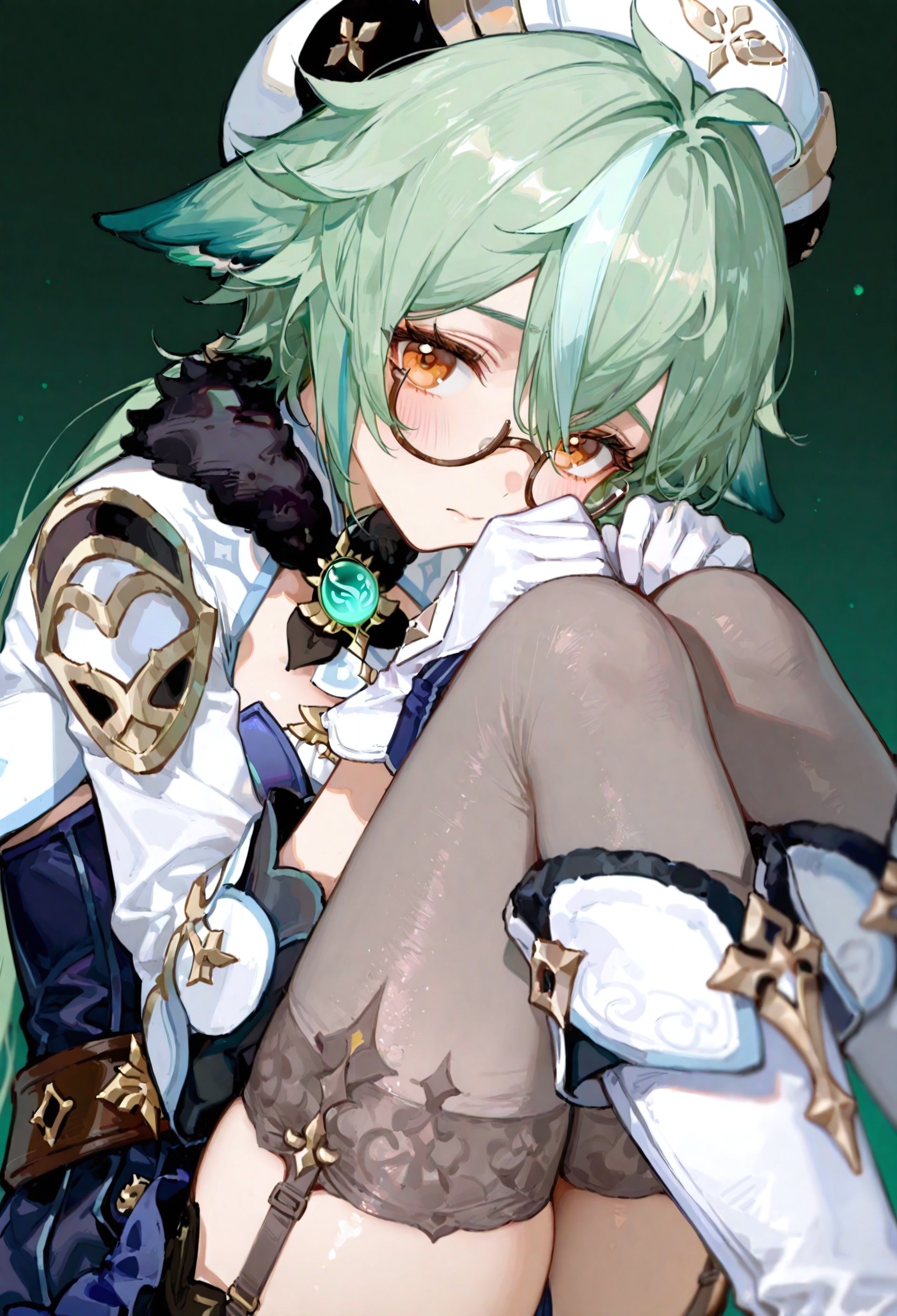 BREAK close-up, from sidesketch, depth of field, ambience sense, anime eyes, detailed anime eyes

BREAK sucrose (genshin impact), glasses, animal ears, green hair, orange eyes, semi-rimless eyewear, short hair, multicolored hair, streaked hair, hair between eyes, ponytail, grey thighhighs, two-tone leotard, frilled leotard, white gloves, fur collar, blue dress, gold trim, beret, frills,white footwear,knee boots,garter straps, vision_(genshin_impact), mhh, 748cmstyle, usnr, calculus_0001

BREAK simple background, dark green background, gradient background