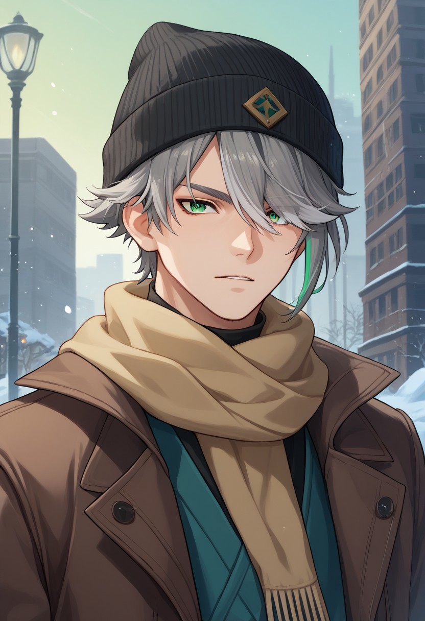score_9, score_7_up, source_anime
Alhaitham, 1boy, male focus, solo, green eyes, grey hair, streaked hair, short hair, swept bangs, hair over one eye, hat, beanie, scarf, coat
outdoor,