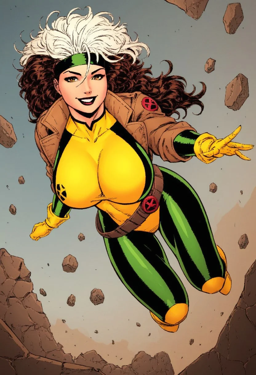 score_9, score_8_up, score_8,, j1m l33, rogue, 1girl, huge breasts, multicolored hair, long hair, white hair on top, brown hair in back, white bangs, headband, bodysuit,belt, brown jacket, yellow gloves, flying, sexy pose,smile, fists, rubble in the background ,detailed, masterpiece,