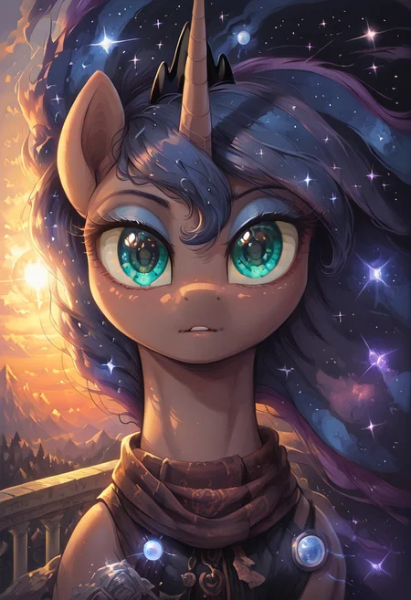 score 9, score 8, score 7, score 6, best rendering quality, complex details, detailed genitals, high resolution, (best details), detailed hairstyle, beautiful coloring, detailed background, pony, Princess Luna, looking directly at the viewer with detailed eyes and hair, illustrated in development with highlighted strands and sparkles. Princess Luna wearing a scarf, standing on a balcony against the backdrop of a breathtaking sunset landscape, with a distant port in the background. Detailed, character artwork, fantasy, glowing eyes, royal, vibrant colors, magical, dreamy, backlit, evening scene, distant view, MLP fan art.