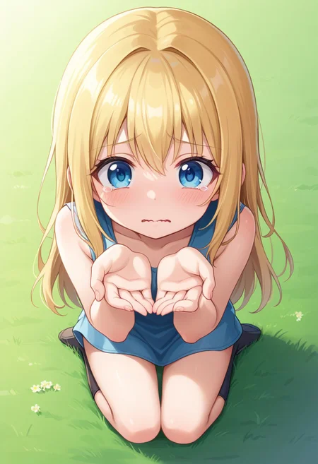 score_9, 1girl, from above, tearing up, cute, wavy mouth, cupping hands, own hands together, street, grass,