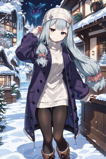 score_max, (score_9, score_8_up, score_7_up:1.2), score_6_up, official art, source_anime,
, masterpiece, absurdres, high detail, 8k,
winter, village, snow, icicle, overcast,
standing, adjusting headwear, bored, smile, parted lips, black ghost,
, rubetti, low-tied long hair, beanie, white cap, hair scrunchie, purple coat, puffy long sleeves, sleeve past wrists, open coat, turtleneck sweater, sweater dress, white sweater, black pantyhose, fur-trimmed boots, platform footwear, brown footwear
<lora:XL_Pony_gomaotsu-ruberis-t1:1.0>