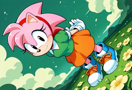 masterpiece, best quality, amazing quality, dynamic angle, dutch angle, abstract background, BREAK, ClassicAmyRose, 1girl, sonic the hedgehog, pink spiky hair, pink fur, peach muzzle, large black eyes, red headband, green, short puffy sleeved shirt, white collar, orange skirt, white gloves, blue shoes, orange shoelaces, short body, Both Hands behind back, Flowers on the ground, Light Smile, Looking at the Ground,