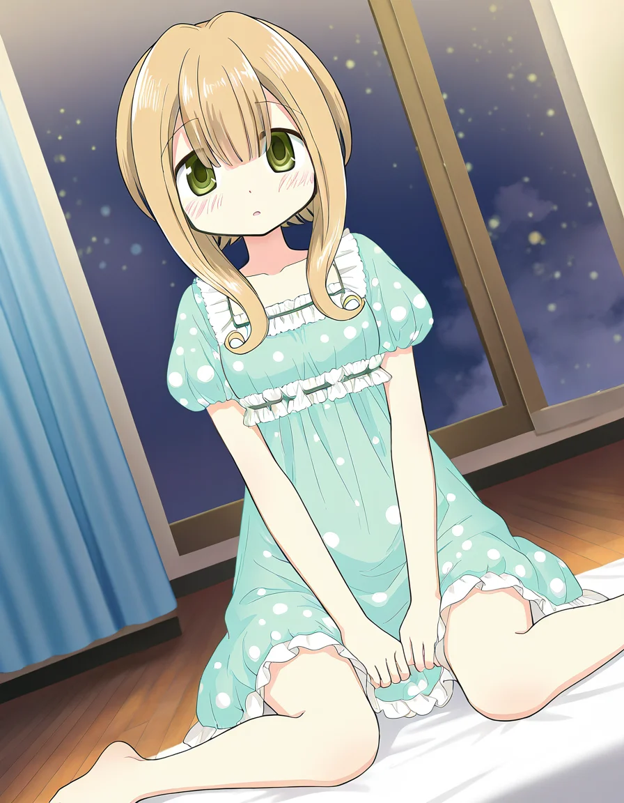 masterpiece, best quality, newest, absurdres, highres, safe, 1girl, satori kagome \(pajamas costume\), magia record: mahou shoujo madoka magica gaiden, solo, wariza, indoors, dutch angle, <lora:satori_kagome_noobaiXLNAIXL_vPred10Version:0.7>