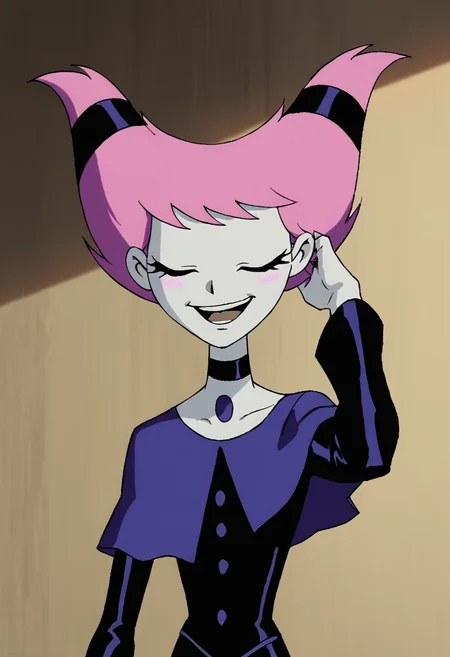 <lora:JinxTTPony1.2:0.9>Jinx,hand in own hair, 1girl, solo, pink hair, smile,pink eyes, open mouth, upper body, official style, long sleeves, capelet, chest jewel, choker, grey skin, hair ties, closed eyes, score_9, score_8_up, score_7_up, score_6_up, score_5_up, score_4_up,