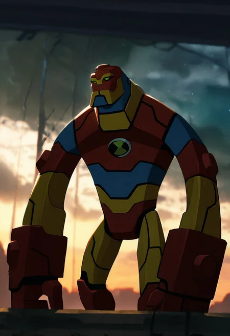 masterpiece, best quality, amazing quality, very aesthetic, absurdres, newest,, detailed background, 
 movie scene, cinematic scene, cinematic, 
bloxx, robot, mecha, solo, armor, green eyes,, massive arms, upper body, , big head, massive head, short legs,