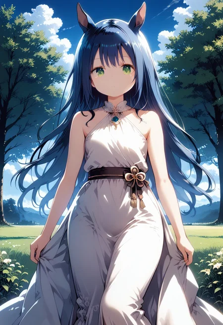 score_9, score_8_up, score_7_up, 1girl,FujisakaLP,high definition eyes, (masterpiece), (best quality), (ultra detailed),(disheveled hair),(illustration), (best shadow), detail1eye, wide thighs, wide hips, (detailedlight),((anextremelydelicateandbeautiful)),<lora:GodolphinArabian:0.7>,GodolphinArabian,long hair,blue hair,green eyes,horse ears,horse girl,hair_ornament,white dress, bare shoulders, ,sleeveless,evening dress,long dress,outdoors, light,blue sky, horizon, meadow, wild