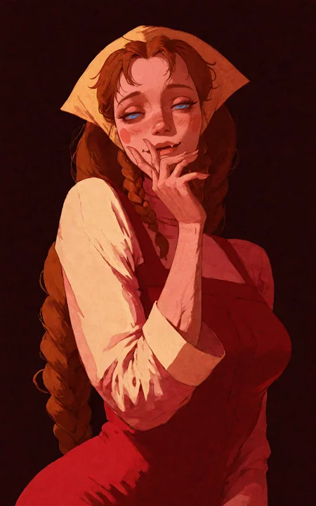 mature female,
<lora:spletni:1.2> spletniza, 1girl, braid, solo, long hair, blue eyes, brown hair, single braid, blush stickers, shirt,red dress,head scarf, blush, skin fang, muscular male, wavy mouth, yandere trance, whute theme,
<lora:NOOB_vp1_detailer_by_volnovik_v1:1> <lora:DarkerThanBlackIllustrious:0.6> <lora:nhl-001:1> nhl-001, limited palette, realistic