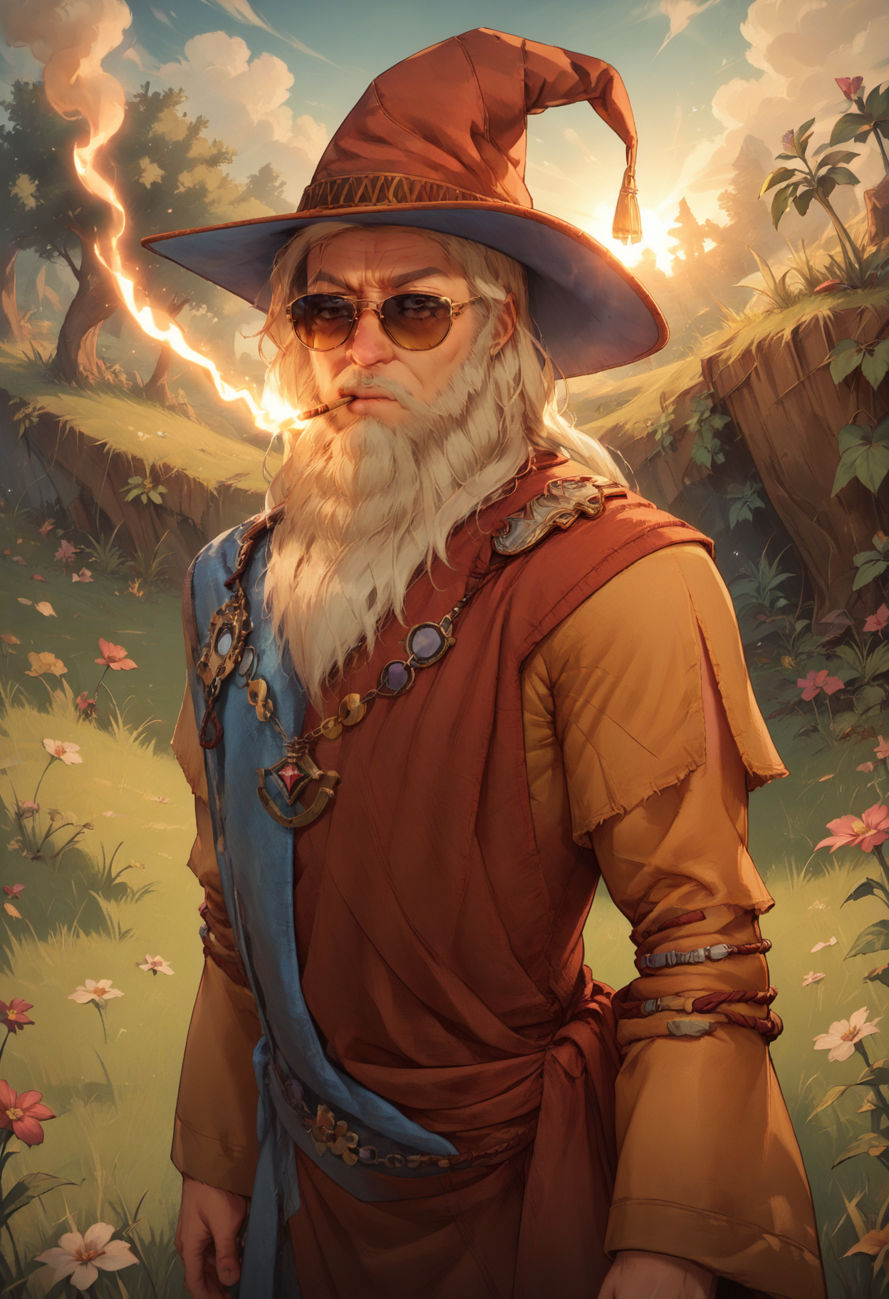 sscore_9, score_8_up, score_7_up, score_6_up,score_5_up, source_anime, BREAK elminster , wizard hat, sunglasses, smoking weed, standing in a grass field, cannabis plants <lora:elminsterPony:1.0>