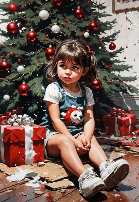 Close-up portrait, stylized works by Greg Rutkowski, Frank Frazetta,Little girl sitting crying next to a broken Christmas tree and trashed presents, tree on the floor, Banksy style, black, white, red highlights , artists style illustrations like WLOP at Studio Ghibli Genshin.