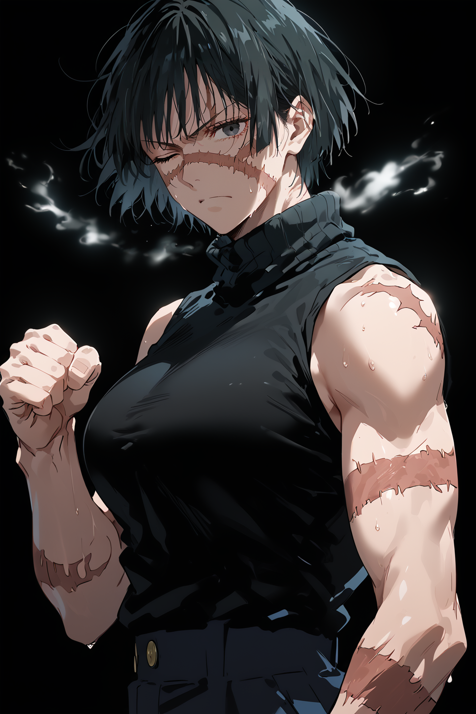 style of jujutsu kaisen,<lora:AIã¤ã©ã¹ããããã:0.4>,<lora:modern_anime_screencap_v1_0:0.8>,source_anime,score_9,score_8_up,score_7_up,score_6_up,dark theme,dark background,looking at viewer,sideways glance,black background,
1girl,solo,<lora:age_slider_v4:1.2>,tomboy,tall female,black hair,short hair,bangs,black eyes,pale skin,petite,toned,large breasts,angry,sweat,from side,scar on face,scar across eye,standing,head tilt,clenched hands,aura,steam,sleeveless,scar,scar on arm,burn scar,black turtleneck sweater,black pants,one eye closed,<lora:Burn_Scar_Lora:0.5>,